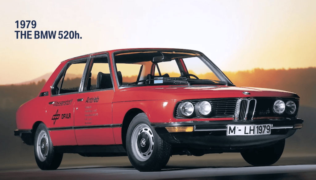 1979 BMW 520h E12 hydrogen prototype parked at sunset