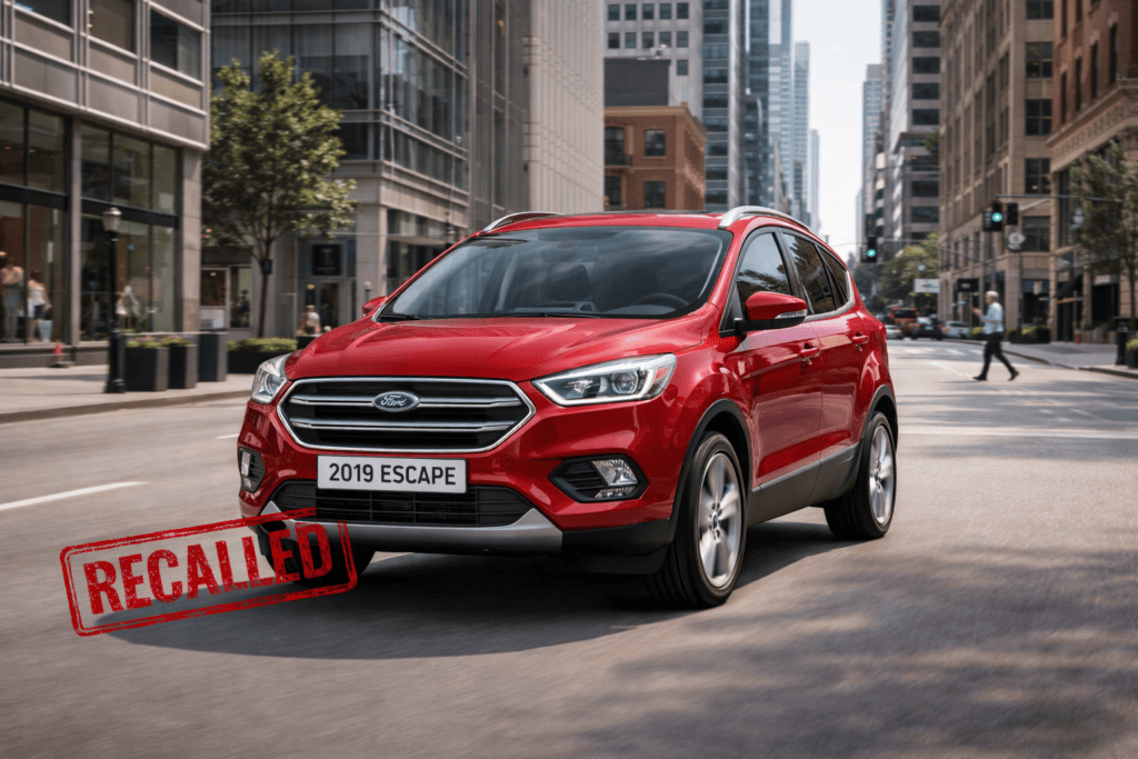 Recalled 2019 Ford Explorer driving through an urban location