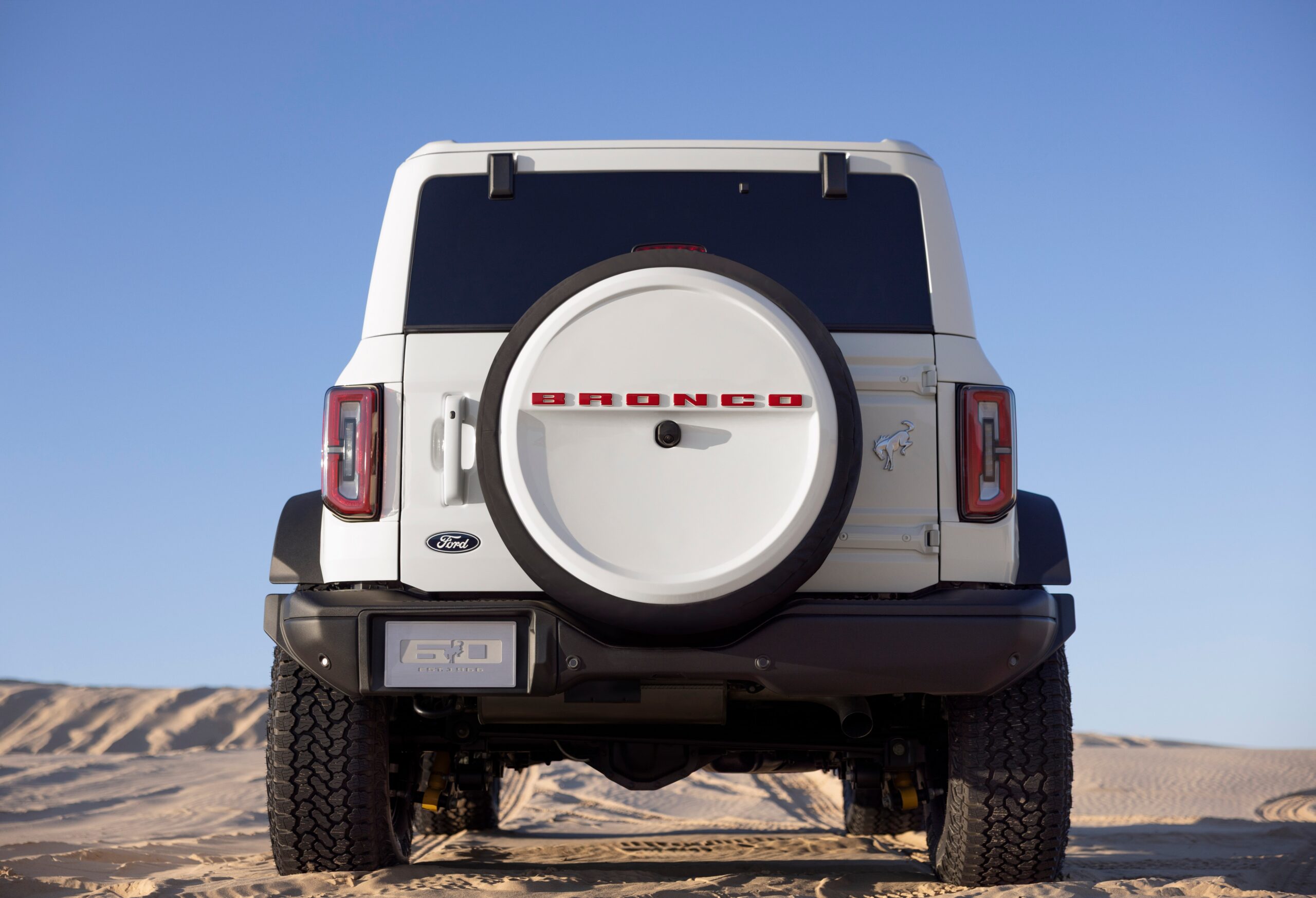 Rear view of preproduction white Bronco 60th Anniversary Package