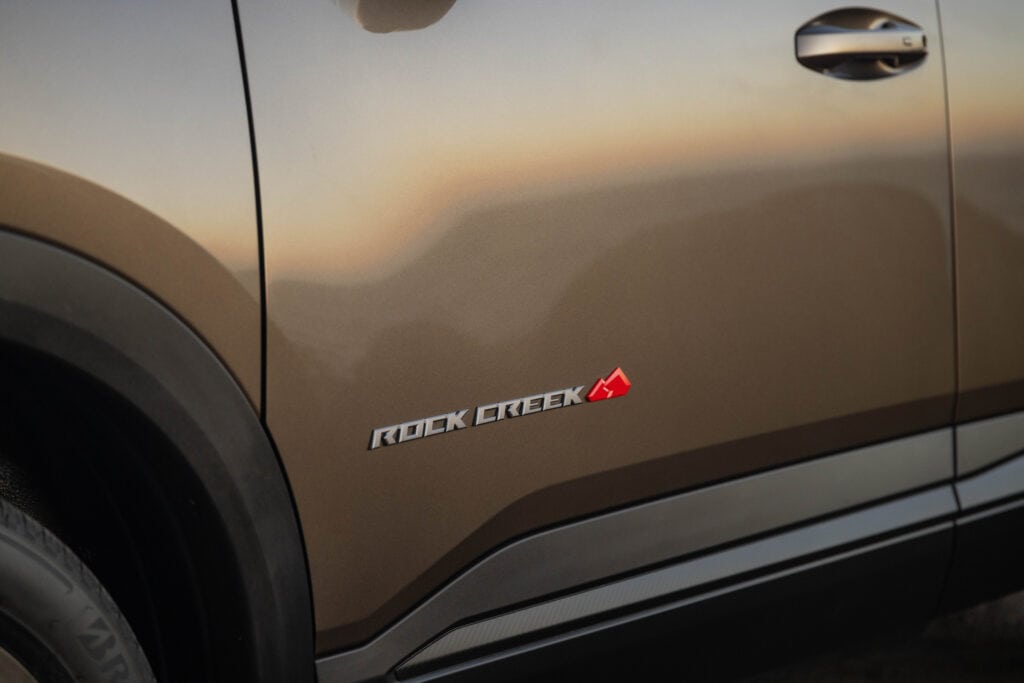 Close up of the "Rock Creek" door decal on the 2027 Nissan Kicks Rock Creek.
