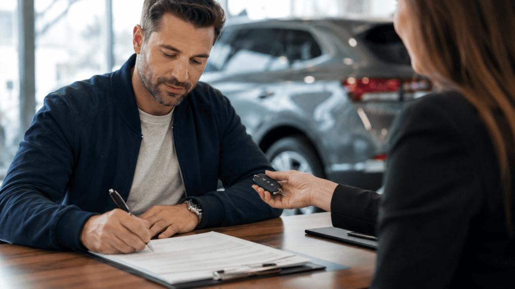 Man signing documents to purchase a car in a dealership