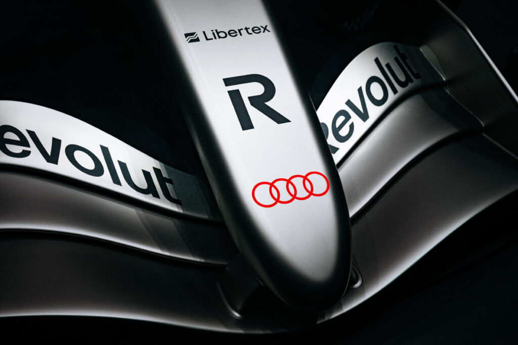 Closeup of the nose section on the 2026 Audi Revolut F1 Team R26 Livery showing the Audi logo with its sponsor Revolut