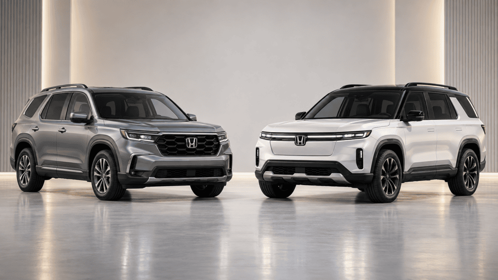 This is what AI thinks the Honda pilot should look like sitting next to the current addition of the Honda pilot