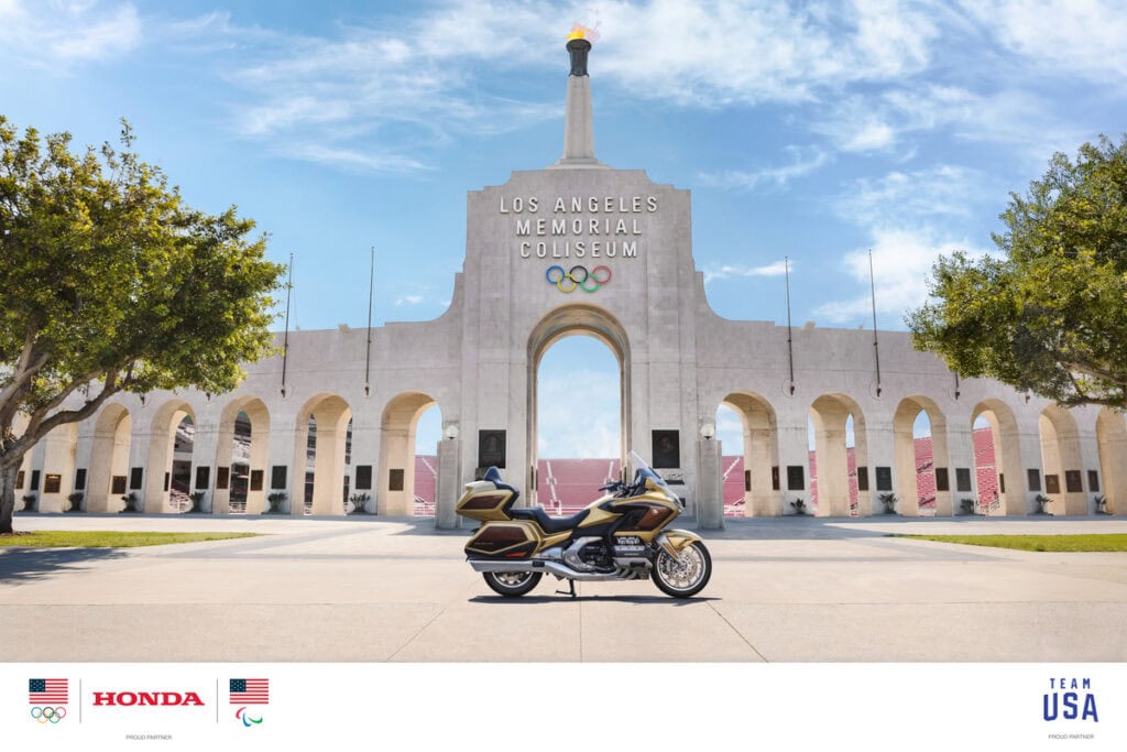 Honda motorcycle outside the Olympic Stadium after Honda's announcement of sponsorship of LA 28