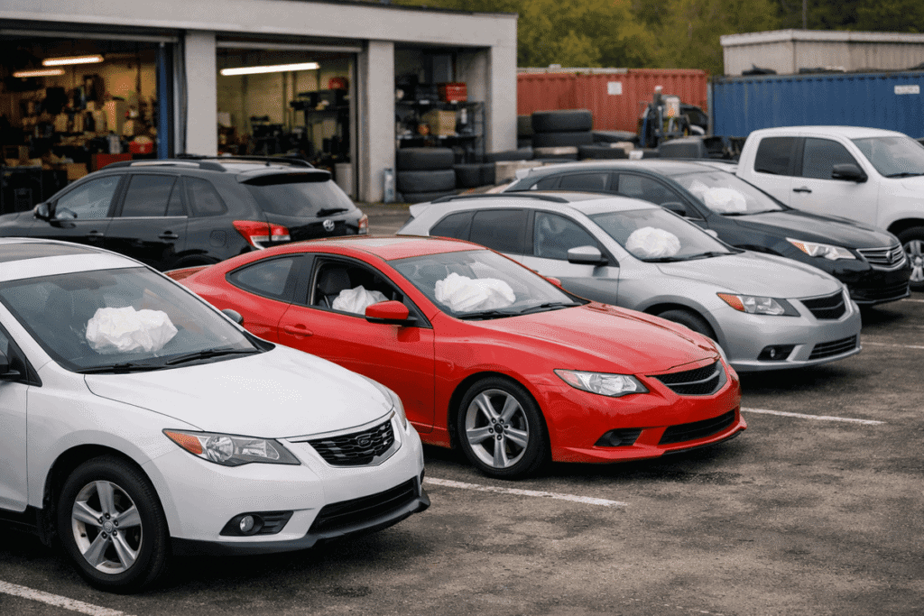 Cars at a mechanics shop that are waiting to be repaired after their airbags have deployed