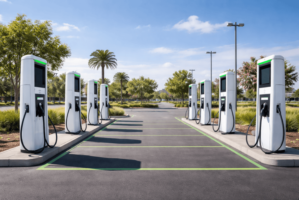 Multiple EV chargers with no vehicles attached to charge