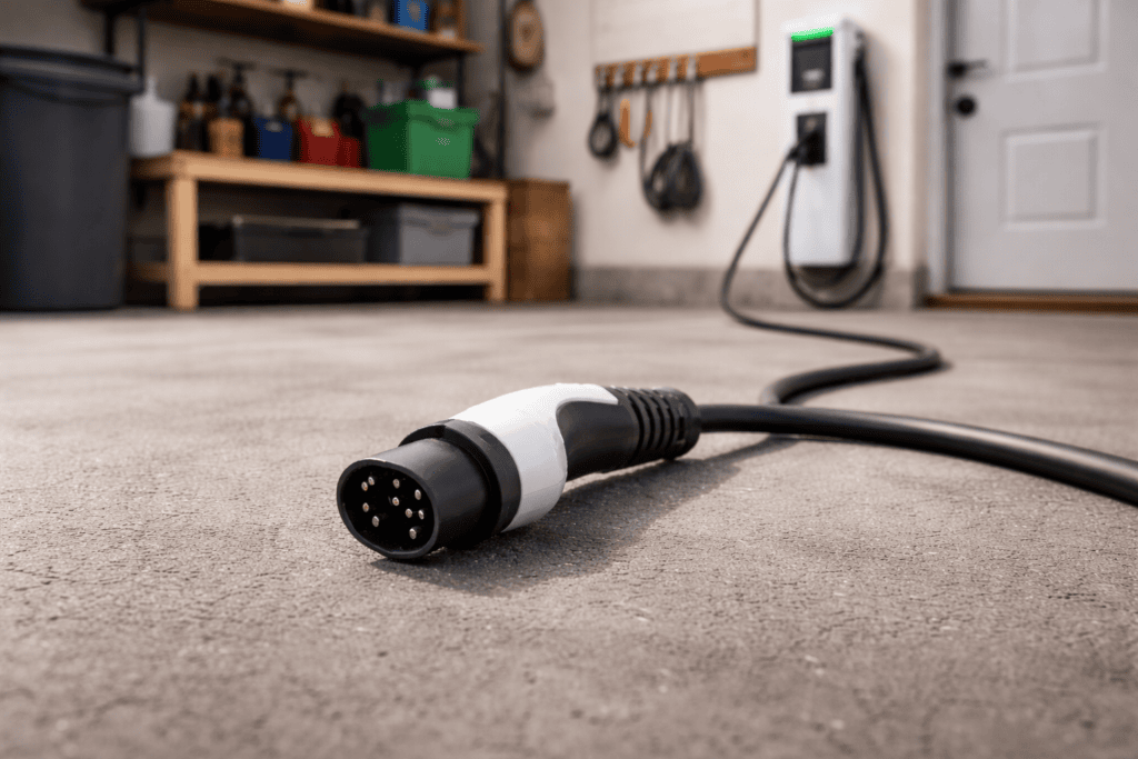 An EV charger laying on the ground inside a person's garage