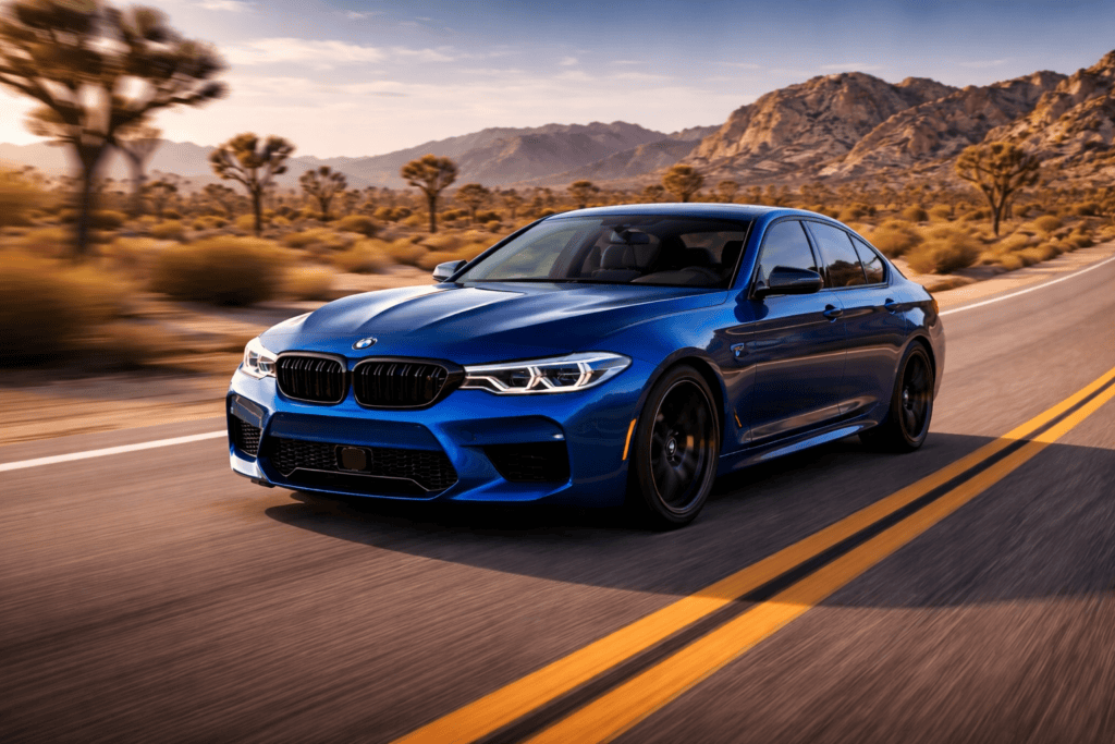 Fastest Cars Under $50k_BMW M5 Competition driving through the desert at sunset