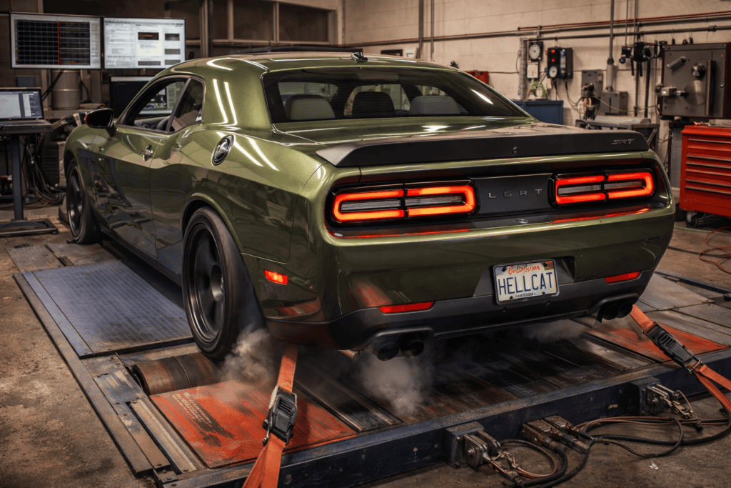 Fastest Cars Under $50k_Dodge Challenger on a dynamometer being tested for horespower and torque