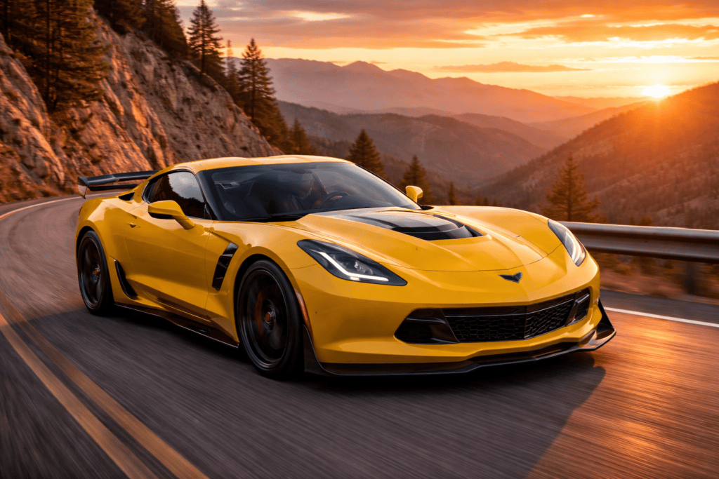 Fastest Cars Under $50k_C7 Corvette Z06 driving on a mountain road at sunset