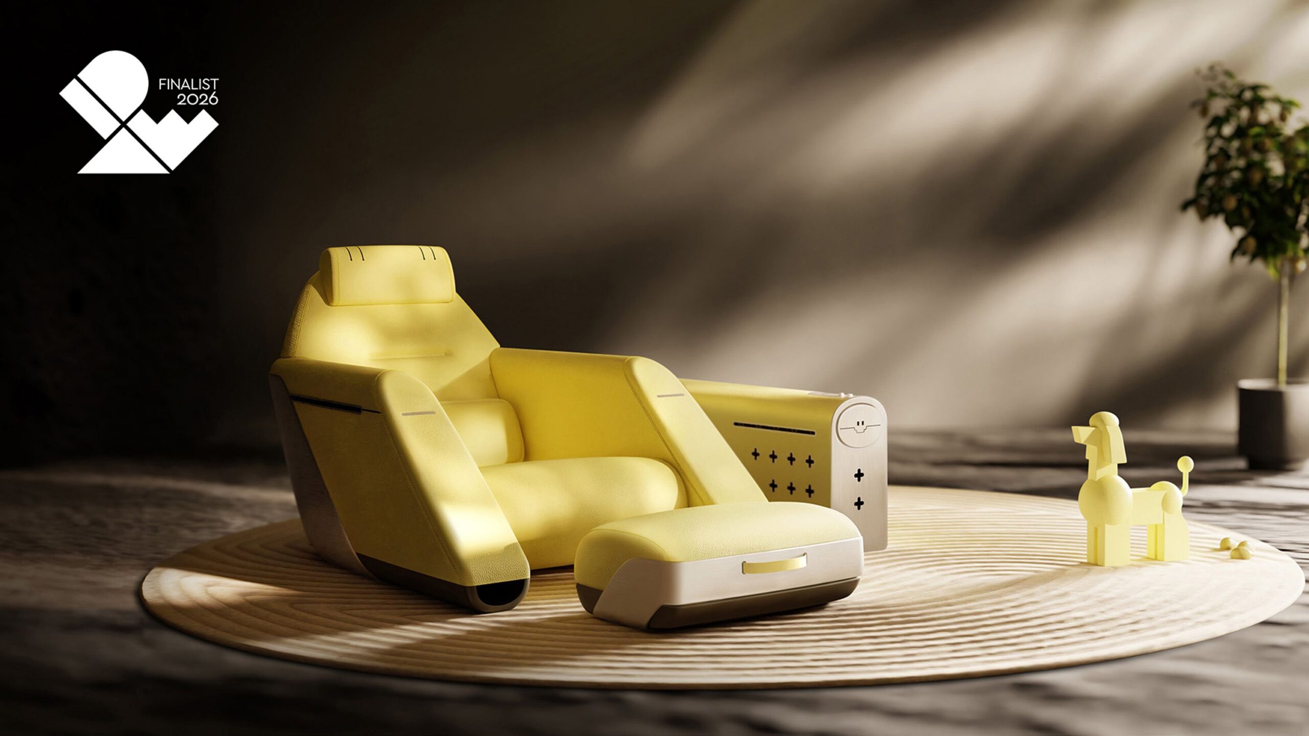 Yellow lounge chair and small accessories arranged on a circular rug.