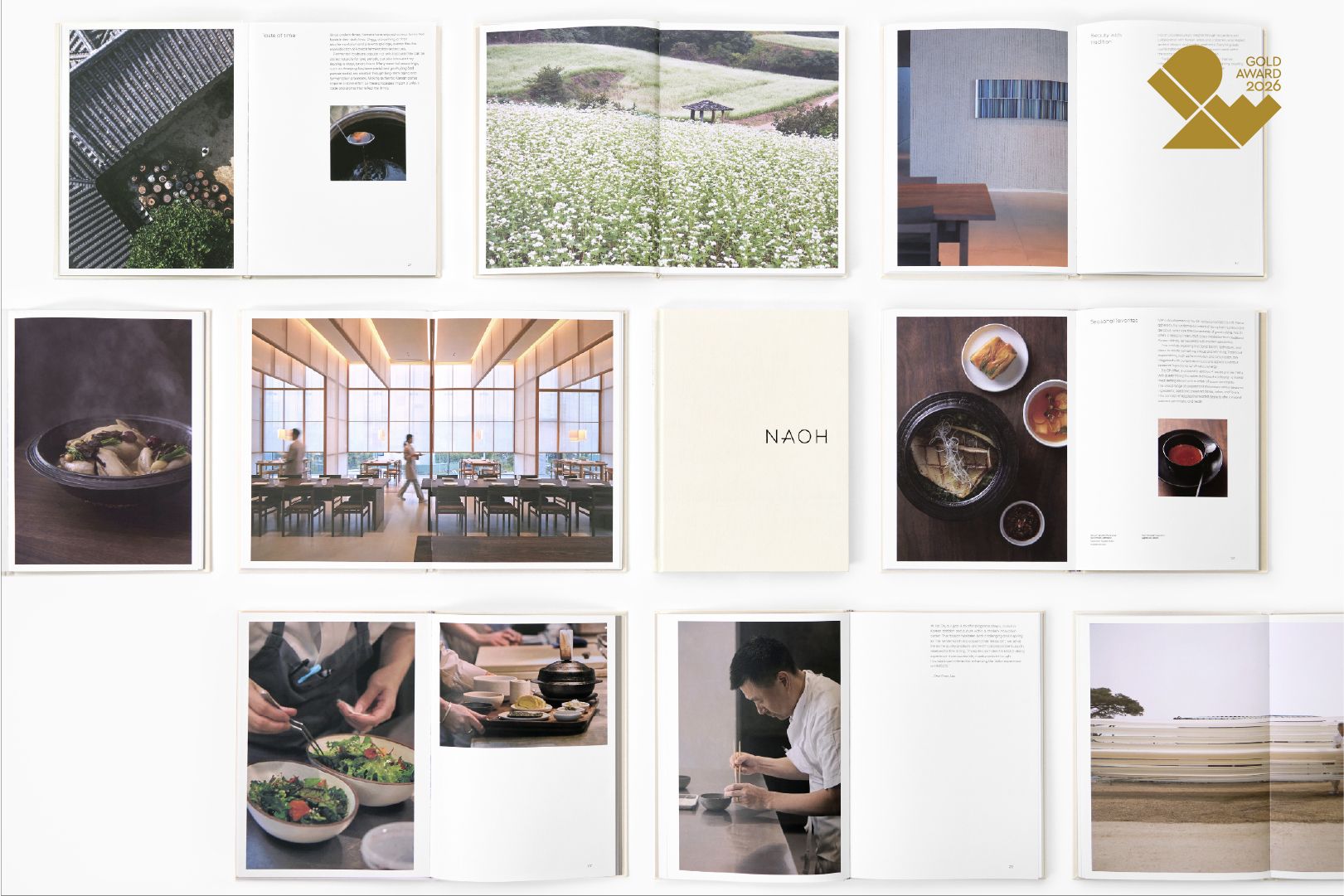 Several open spreads from the Na Oh restaurant book arranged on a white background.