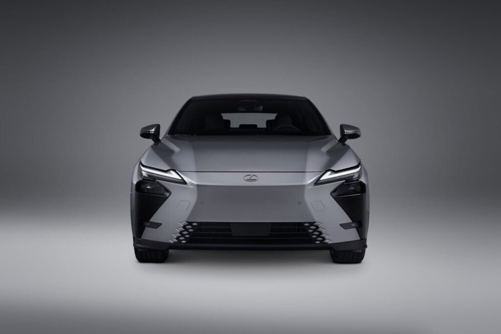 Front on view of the 2026 Lexus ES 500 E all-wheel-drive silver