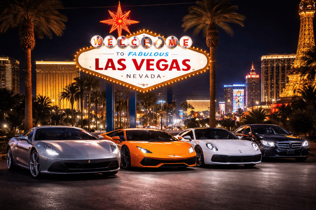 Luxury Vehicles Parked in front of the Las Vegas sign