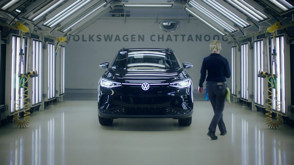 Volkswagen in the paint booth for inspection after being painted