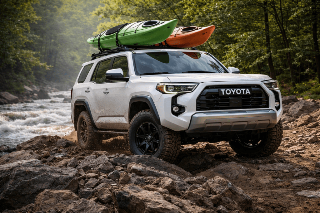 Toyota 4Runner driving along a river with kayaks on the roof