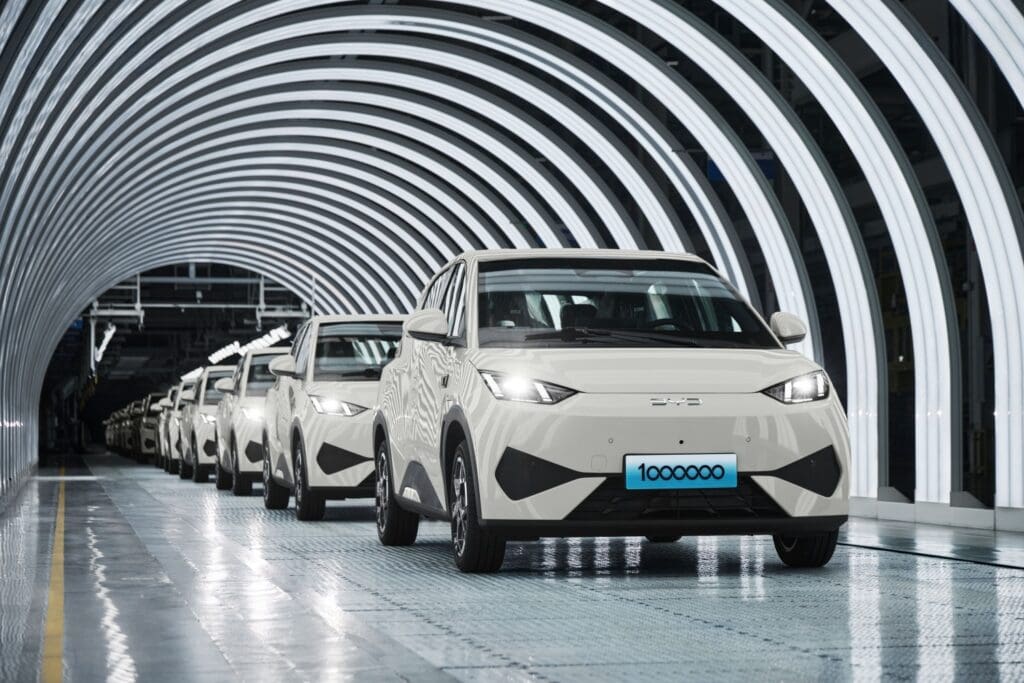 BYD Dolphin Surf electric vehicles moving along the factory production line.