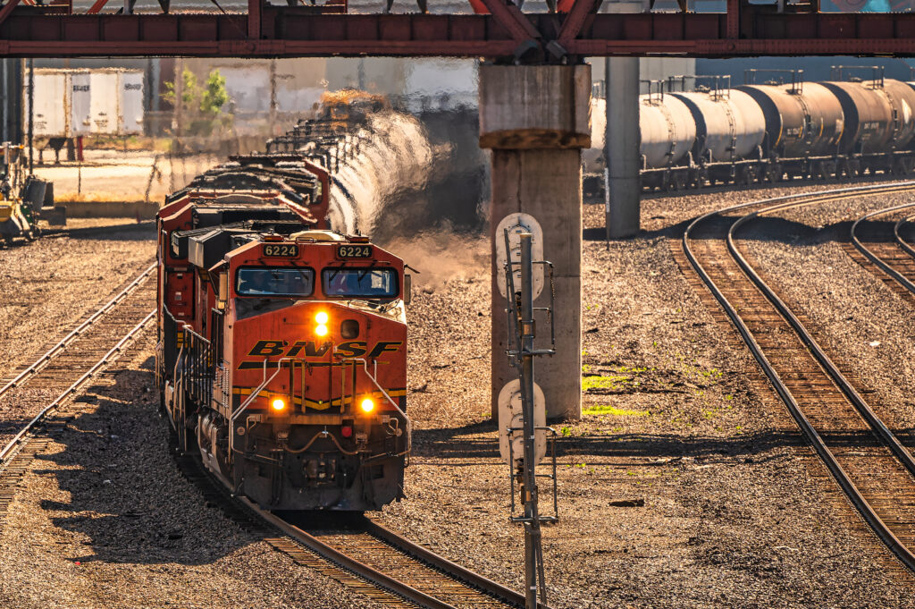 A long train with multiple cars on its tracks