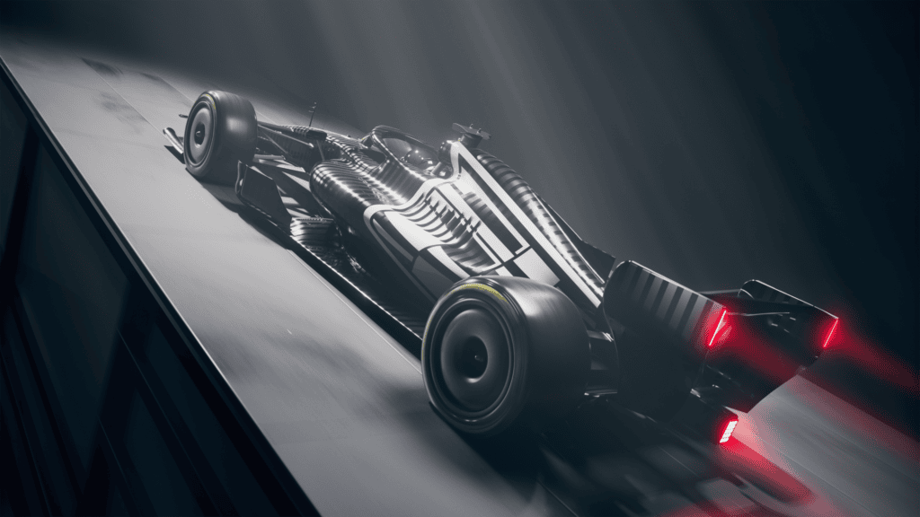 Rear three-quarter view of Cadillac Formula 1 test livery.