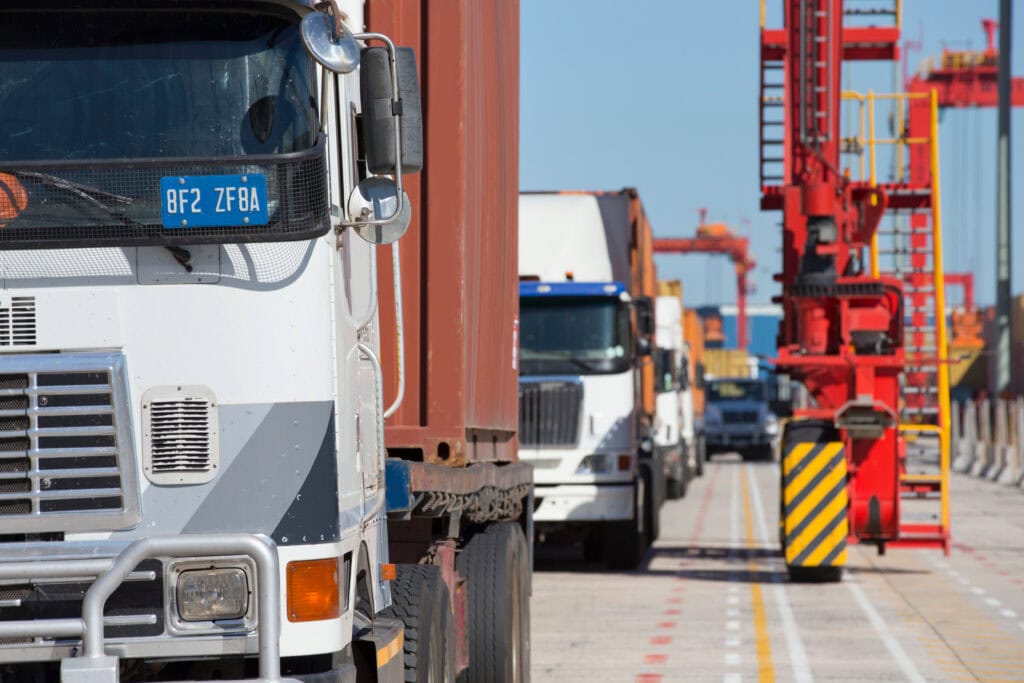 Diesel trucks at a ferry terminal