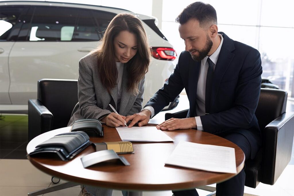 A female customer having her auto loan, explained to her by the finance manager at a Dealership